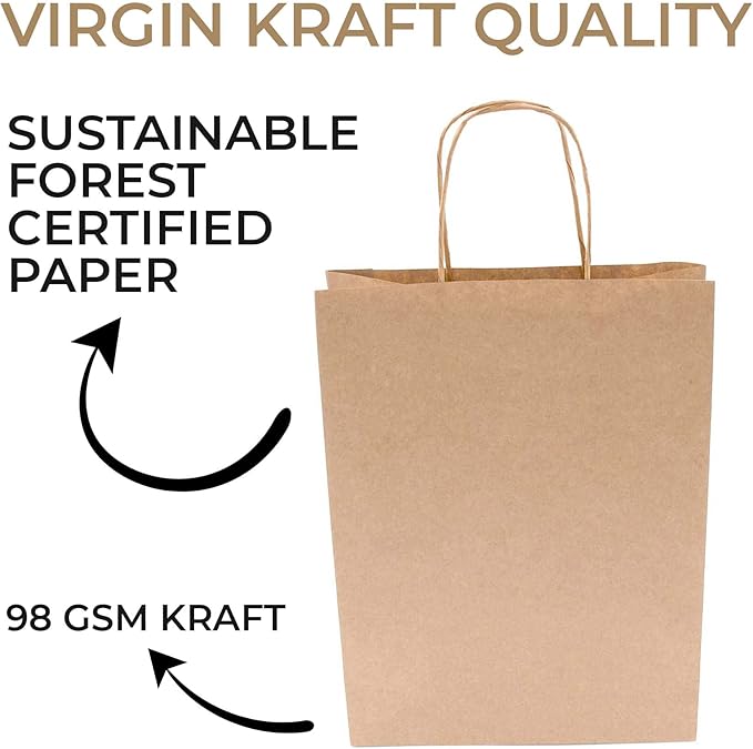 JET PAPER BAGS - 10”x5”x10” Inch [100 Pcs] Brown Paper Bags with Handles Prime for Takeout, Grocery, Goody, Retail, Party, Gifts, Weddings - Recyclable Kraft Paper Gift Bags with Handles