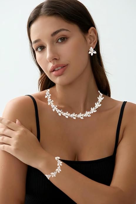 Bridal Wedding Crystal Leaf Choker Necklace Dangle Earring Bracelet Brides Bridesmaid Jewelry Set for Women
