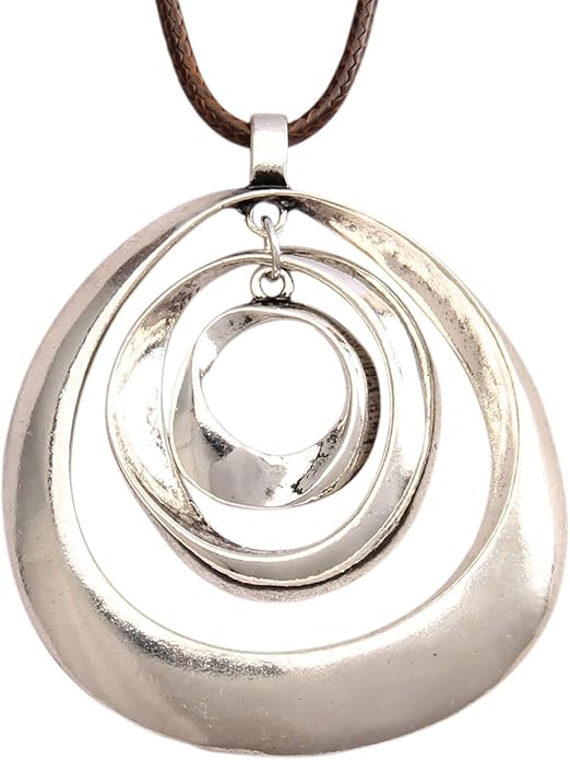 GelConnie Boho Necklaces for Women Vintage Silver Circles Long Pendant Necklace Cowgirl Sweater Necklace Adjustable Leather Choker Necklace for Women