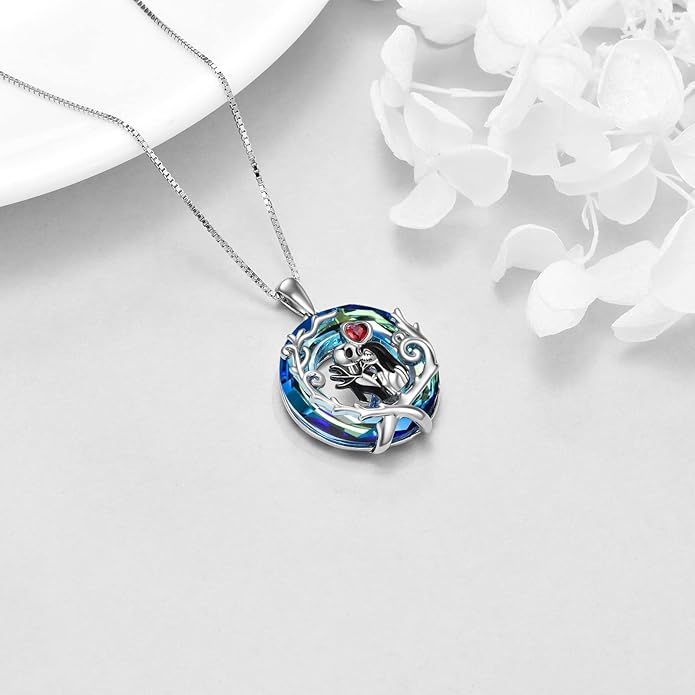 LILALO Nightmare Necklace Sterling Silver Abalone Shell Crystal Jack and Sally Necklace Jack Skellington Skull Jewelry Skull Necklaces for Women