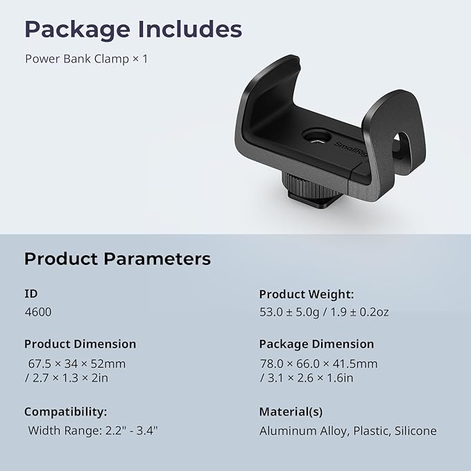 SMALLRIG Universal Power Bank Holder with Cold Shoe Mount, Adjustable Power Bank Clamp Mount for Camera Rig and Phone Cage and Handle - 4600