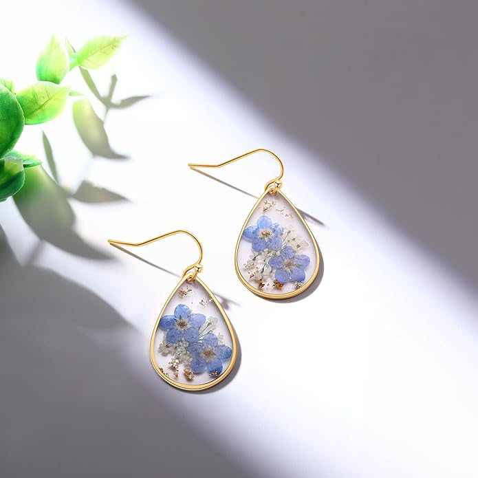 Forget-Me-Not and Queen Anne's Lace Pressed Wildflower Earrings | Pressed Flower Earrings | Handmade Drop and Dangle Earrings | Gift for Woman