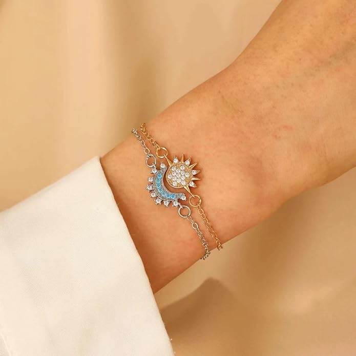 PINK TOWN Sun Moon Bracelet Set Stackable Bracelet for Women Men Sparkling Gold Sun Ring/Blue Moon Bracelet Couple Bracelet Matching Bracelet as Friendship Best Friend Jewelry for Women Men