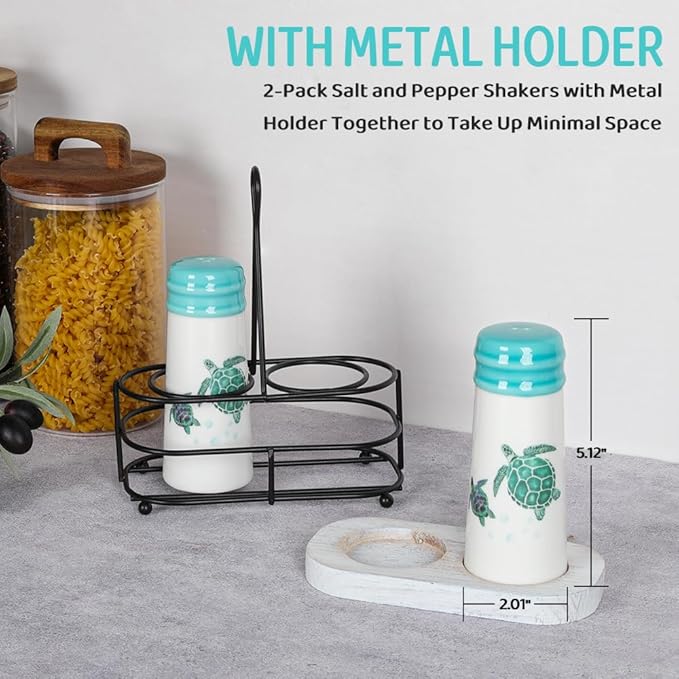 Salt and Pepper Shakers - Farmhouse Turtle Salt and Pepper Shakers Set with Metal Holder & Refill Funnel, Countryside Dining Accessories for Cottage Homes & Outdoor Picnics (Gift Box Ready)