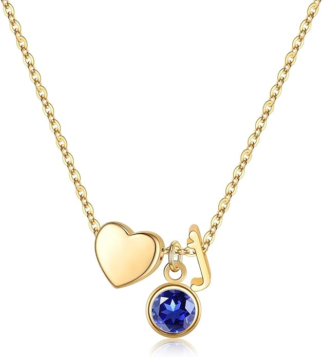 Ursilver Initial Birthstone Necklace for Women - Heart Initial Birthstone Pendant Necklace Personalized Gifts Birthday Gifts for Women