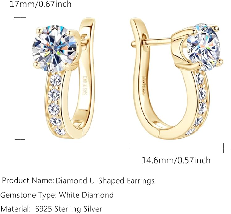 U-Shaped 1ct D-color Diamond Hoop Earrings Latch Back for Women in Sterling Silver, Timeless Wedding or Anniversary