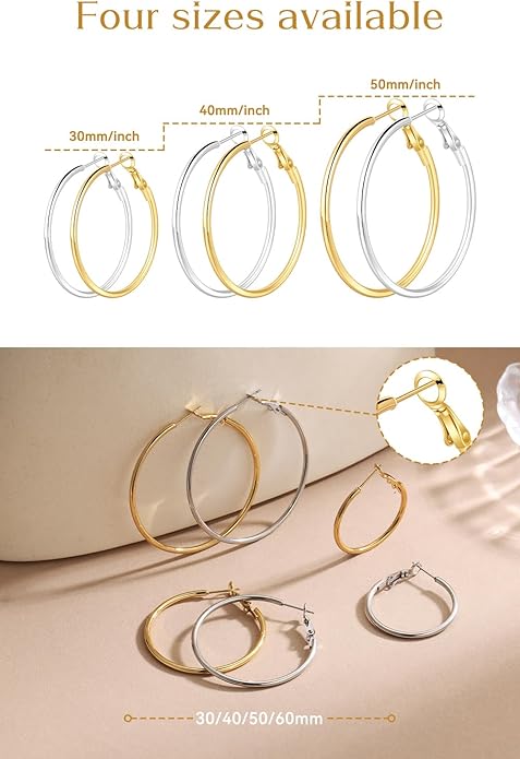 4/6 Pairs Gold Silver Hoop Earrings for Women 14K Gold Plated Hypoallergenic 2mm Thin Hoops Stainless Steel Lightweight Dangle Set 30/40/50/60mm