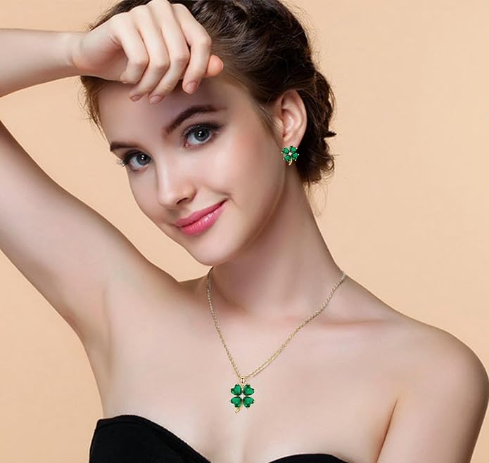 VONSSY Four Leaf Clover Necklace Earrings Shamrock Irish ST Patricks Jewelry Set Gift 18k Gold Plated Green Emerald Zircon Diamond Crystal Lucky Saint Pendant for Woman Wife Girlfriend Mom