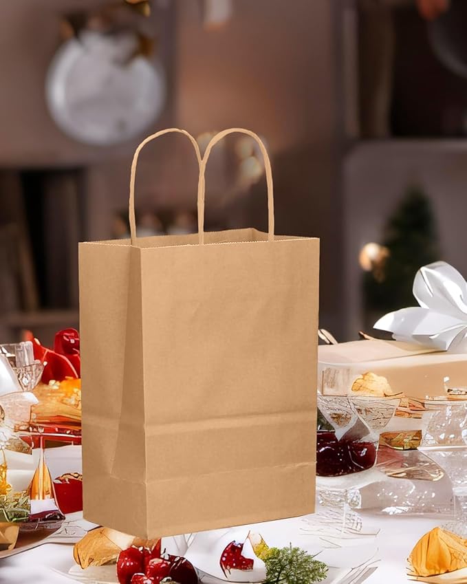 qiqee 200-Packs Brown Paper Gift Bags with Handles Bulk 10.6"x8.3"x4.3" Medium Size Paper Bags Multiple Uses