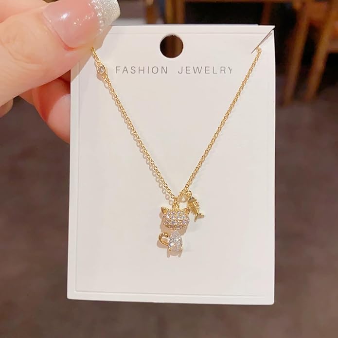 Cute Cat Pendant Necklace for Women Girls, Gold Plated Dainty Kitty Necklace, Sparkling Animal Jewelry with Crystal Charm, Adjustable Chain, Sweet Gift for Birthday, Valentines, Christmas