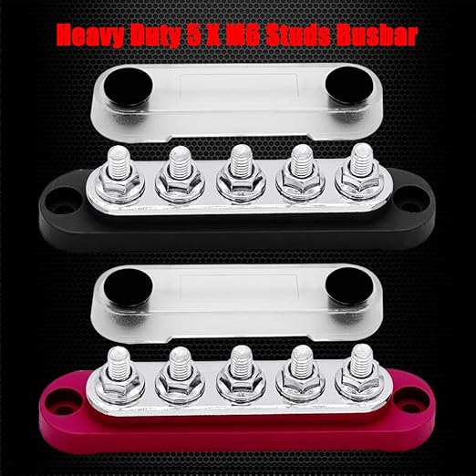 5 x M6 (1/4") Studs Power Distribution Block Bus Bar 12V, Ampper 4.3" 150A Marine BusBar Battery Distribution Block W/Cover for Car Boat Solar (Red & Black)