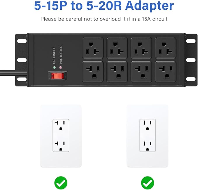 CCCEI Black Heavy Duty Power Strip Surge Protector 20 AMP, 8 Outlets 12 Gauge Industrial Shop Garage Metal Multiple Outlets, 4 FT Extension Cord 5-15P Adapter High Amp 6-20R T-Slot 20a for Appliance