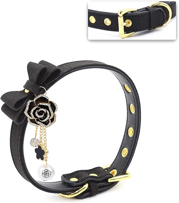 Leather Collar Necklace for Women with Bow Bell Kitty Cat and Delicate Tea flower pearl pendant Choker for Ladies Black Pink Red
