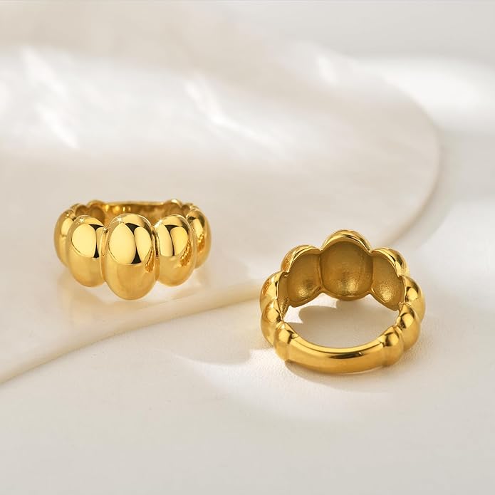 NOKMIT 14K Gold Filled Chunky Statement Rings for Women Cute Puffy Dome Croissant Thumb Band Non Tarnish Comfort Fit Size 5-10