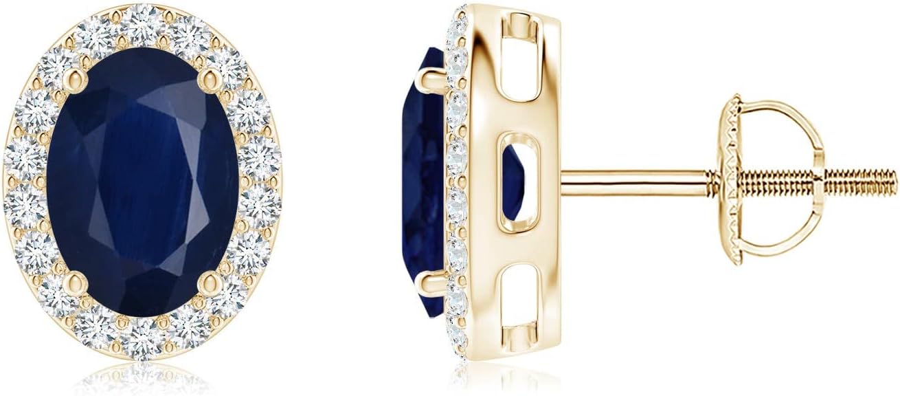 ANGARA Natural Blue Sapphire Earrings for Women | Prong-Set Oval Blue Sapphire Stud Earrings with Diamond Halo in 14K Solid Gold/Platinum | September Birthday, Anniversary, Gemstone Jewellery Gift