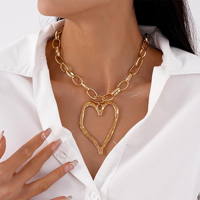 Chunky Gold Necklace Big Heart Necklace for Women Silver Large Statement Necklaces Thick Bold Chain Puffy Love Heart Charm Necklaces for Women with OT Toggle Silver Chunky Gold Jewelry Trendy Valentine's Day Gift