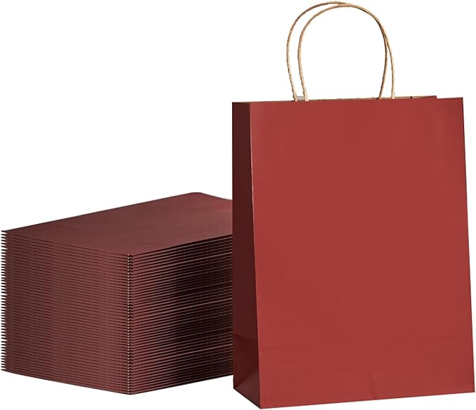 METAPRINT 100 Pcs Paper Gift Bags 8x4.5x10.8 Inch Red Kraft Bag with Handles Bulk for Birthday Wedding Party Favor Bags, Paper Shopping Bags