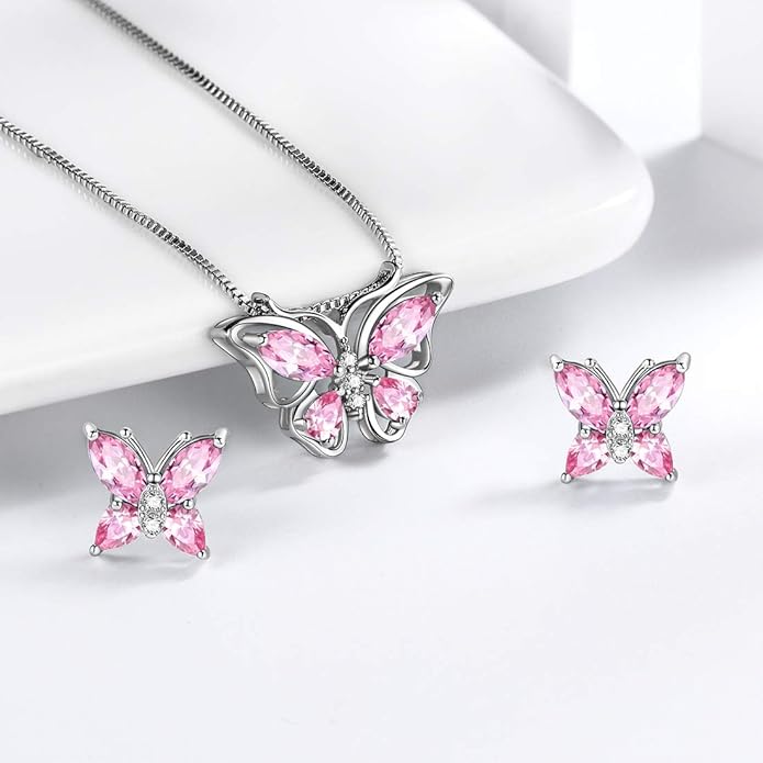 Aurora Tears Butterfly Jewelry,Women 925 Sterling Silver Butterflies Birthstone Pendant Necklace/Earrings/Rings Wedding Gift