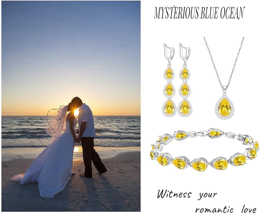 LMXXVJ Necklace Long Earrings Bracelet Set, White Gold Plated Created Blue Sapphire Jewelry Set Wedding Party Gift Jewelry for Women Bridal Bridesmaid