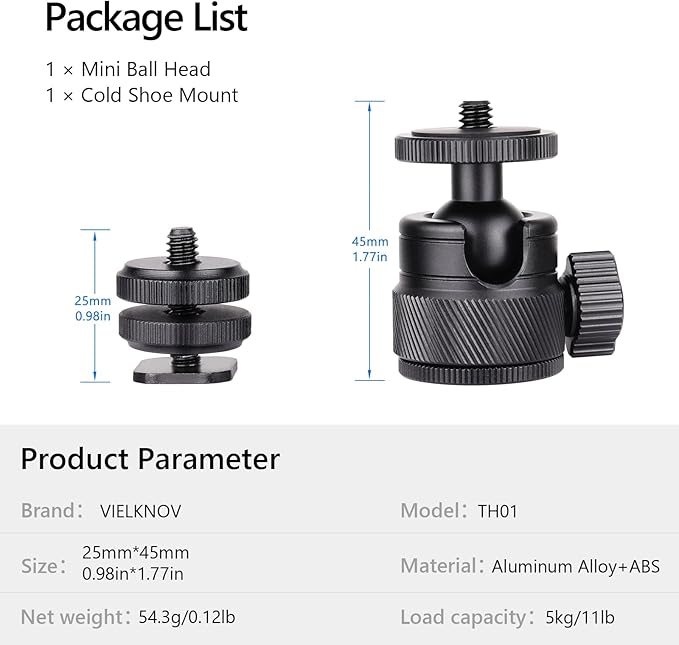 Mini Ball Head, CNC All Metal Aluminum Universal Panoramic Tripod Head Mount for Compact DSLR Action Cam Phone LED Ring Light Monopod Slider, 4.4lb Max Load
