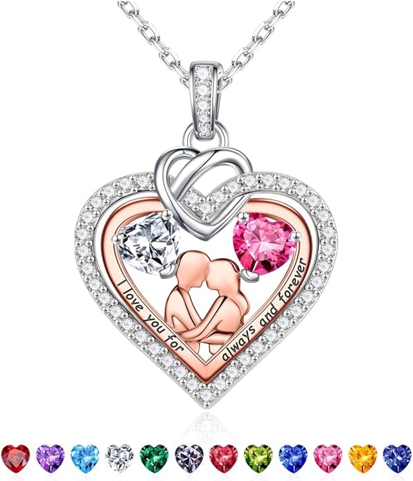 Iefil Valentines Day Gifts for Her - 925 Sterling Silver Double Heart Birthstone Necklace for Women, Anniversary Birthday Gifts for Wife I Love You Gift Couple Sitting Hugging Each Other Jewelry Gift