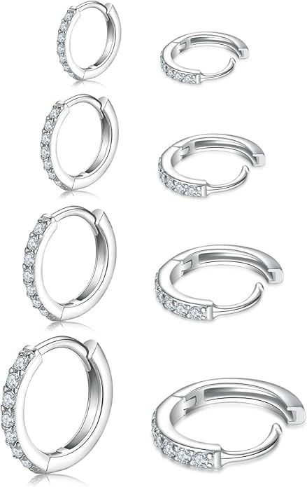 925 Sterling Silver Small Hoop Earrings Cubic Zirconia Huggie Hoop Earrings, 3 Pairs 14K White Gold Plated Cartilage Piercing Earrings Ear Cuff Tiny Hoop Earrings for Women Men