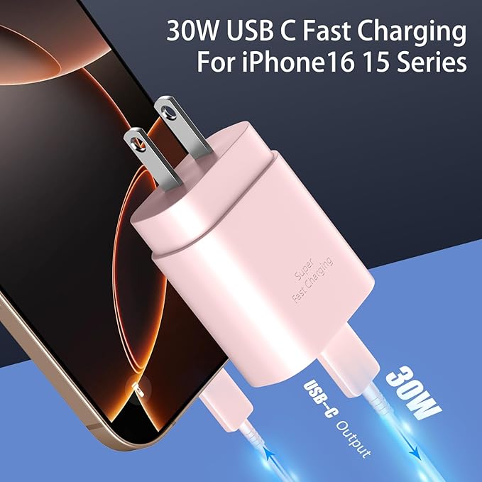 Phone 16 15 Pro Charger Fast Charging, 6.6FT Long USB C to C Charging Cable Cord with 30W Phone Fast Charger Block for Phone 16 15/16 15 Pro/16 15 Pro Max,Pro 12.9,Samsung Galaxy S24 Ultra,Pink