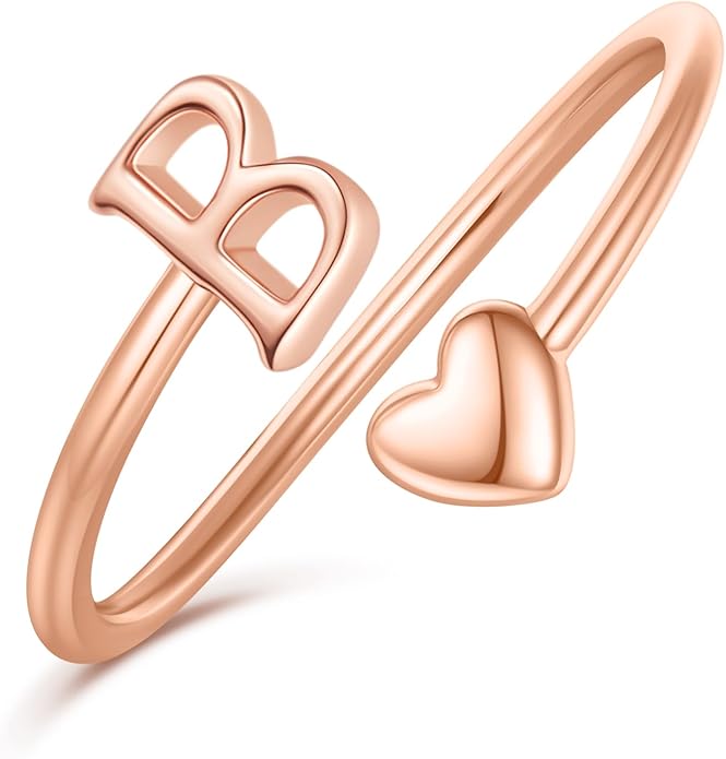 Initial Rings for Women Girls - Valentines Day Gifts for Her, Adjustable Rings for Women Non Tarnish Letter A-Z Dainty Heart Ring Teen Girls Gifts Trendy Stuff Personalized Jewelry Gift