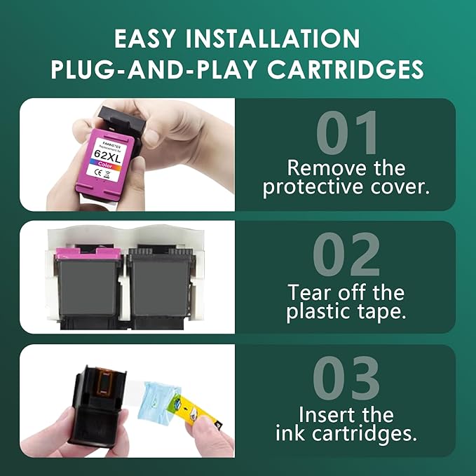62XL 62 XL Ink Cartridges Black and Color for 62 Ink Cartridge Combo Pack Works with Envy 7640 5660 5540 7645 5661 for OfficeJet Mobile 250 200 258 for OfficeJet 5740 5745 8040 Printer(2-Pack)