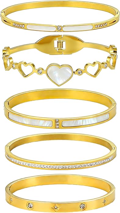ZhiRui Women's 18K Gold Plated Stackable Bracelet Set - Waterproof Mother of Pearl Heart Cubic Zirconia Jewelry Gifts for Women