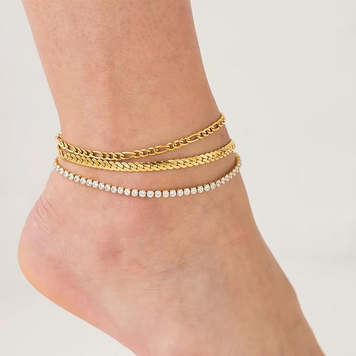 iF YOU Gold Ankle Bracelets for Women, 14k Gold Plated Waterproof Cuban Link Chain Anklets Set, Layered Anklet Bracelets for Women Beach Gift Adjustable Size 5pc