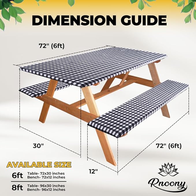 RNOONY 6ft Polyester Picnic Table Cover with Bench Covers Windproof & Waterproof Tablecloth, Perfect for Camping Gifts & RV Essentials, Cool Camping Gadgets with Carrying Bag, 72x30 Inches,4Pcs,Black