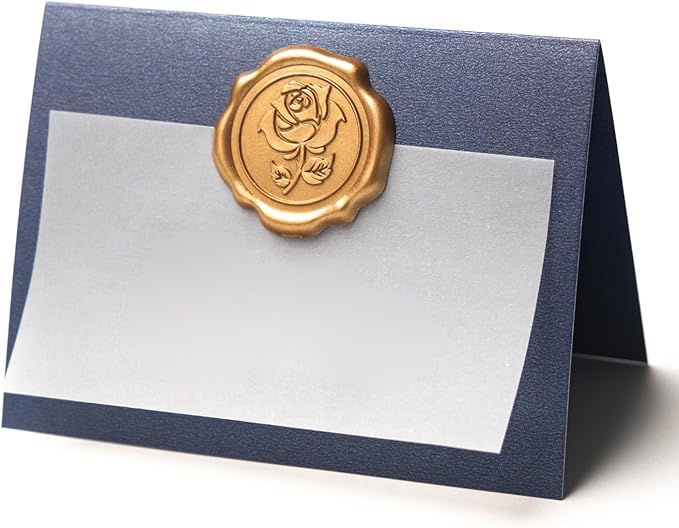 25 Pack Name Cards for Table Setting, Place Cards with Antique Gold Rose Wax Seal Sticker for Wedding, Table Tent Card Stock Handmade Decor for Party, Dinner, Home (Pearlized Navy Blue)
