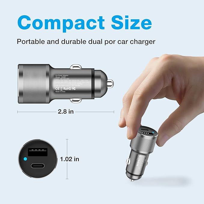 MOCA 38W Fast Car Charger, Dual Port USB C Power Delivery All Metal Lighter PD/ QC3.0 Car Charger with 2 Pack PD Lightning Cord Quick Charging for iPhone 16 15, Samsung Galaxy S25 S24, Pixel, Android