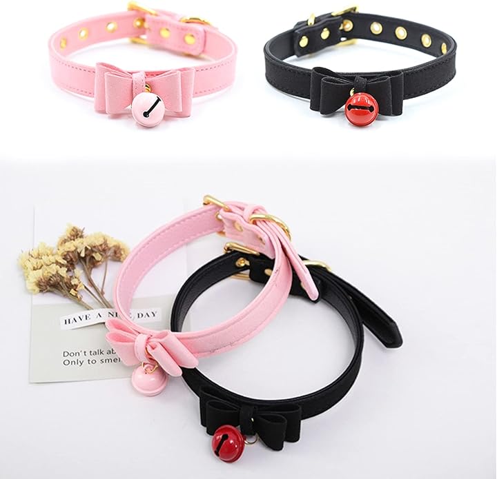 Leather Collar Necklace for Women with Bow Bell Kitty Cat and Delicate Tea flower pearl pendant Choker for Ladies Black Pink Red
