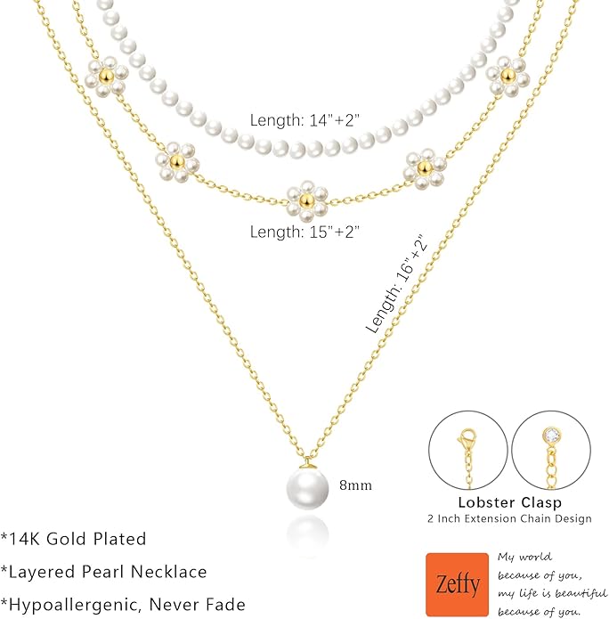 Zeffy Gold Pearl Necklace for Women, Dainty 14K Gold/Silve Plated Layered Pearl Choker Pearl Earrings Pearl Bracelets Wedding Trendy Gold Jewelry Set for Women Gifts