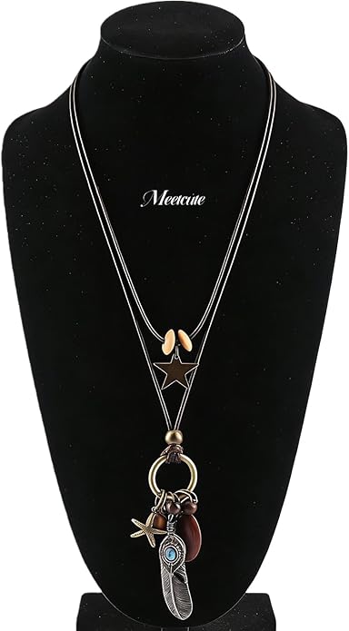 MEETCUTE Vintage Layered Necklace for Women, Leather Cord with Star Feather Turquoise Charms, Retro Boho-Statement Jewelry for Daily Outfit & GiftS