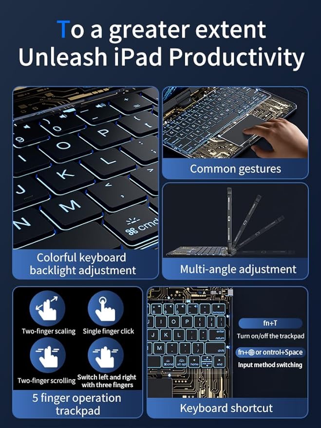KARTICE Transparent 360 for iPad Keyboard case with Wireless Keyboard for iPad 7/8/9th 10.2 inch, Multi-Touch Trackpad, 7 Color Backlight, 360° Rotating Stand with Pencil Holder