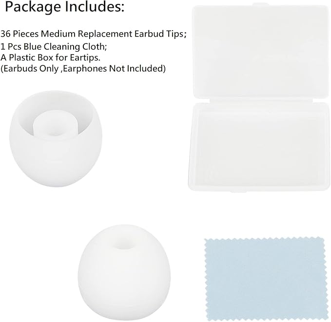 36 Pieces Medium Earbud Tips Soft and Comfortable Ear Bud Replacement Pieces Silicone Fit Most in-Ear Headphones，Inner Hole 3.8mm -5.5mm，Medium White Earbud Replacement Tips