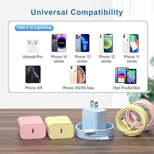 Compatible with iPhone 14 13 12 Charger, 20W Fast Charging Wall Charger,10 FT USB ightning Cable,Phone Charger Cord for Phone 14/13/12/12 Pro Max/11/Xs Max/XR/X,AirPods Pro and More(Pink/Yellow/Blue)