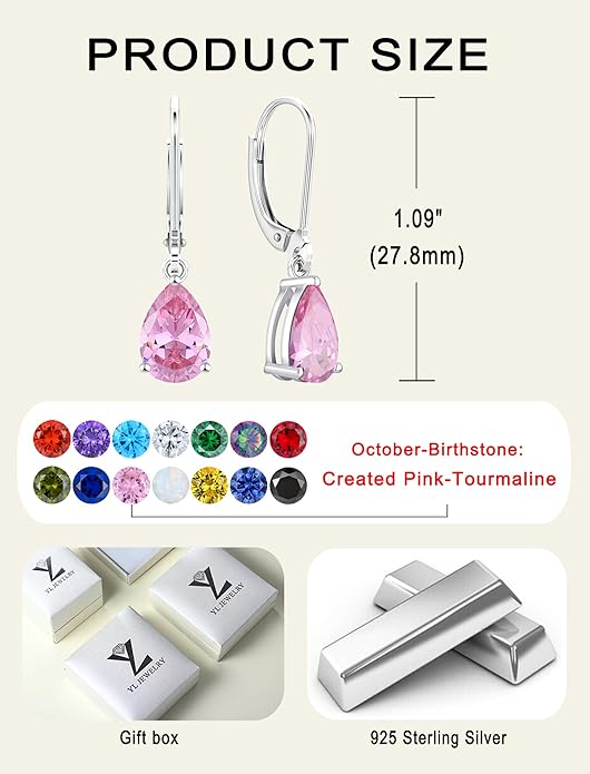 YL 925 Sterling Silver Teardrop Dangle Drop Earrings for Women 7x10 MM Solitaire Birthstone Leverback Jewelry