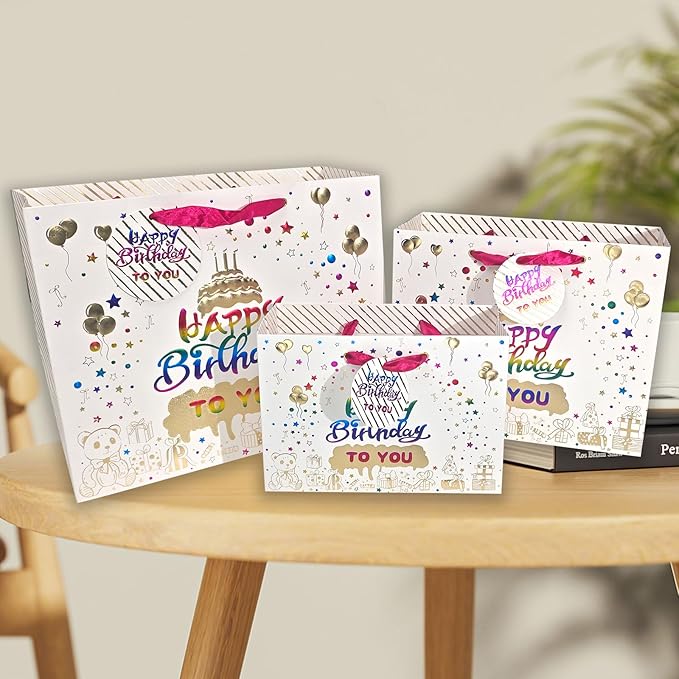 suosicn Birthday Gift Bag with Handle and Tissue Paper, Birthday Gift Bags Assorted Sizes 2 Small 8.3" 1 Medium 10.3" 1 Large 12.8" (4 Golden Birthday Cake Gift Bag)