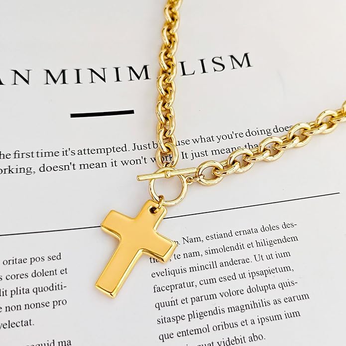 Zeffy 14K Gold/Silver Plated Chunky Thick Chain Toggle Clasp Necklace Dainty Baroque Pearl/Heart/Cross/Turquoise Pendant Necklace