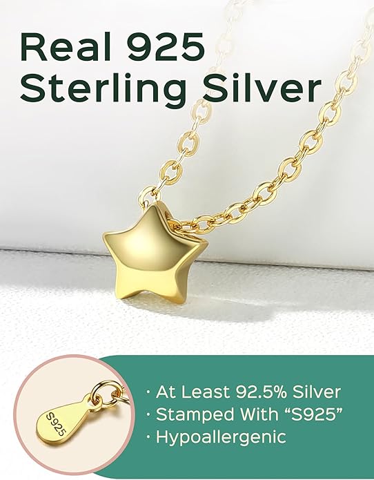 ChicSilver Personalized 925 Sterling Silver Dainty Small Heart/Star/Moon/Dot/Triangle Pendant Necklace for Women, Silver/Gold/Rose Gold/Black (with Gift Box)