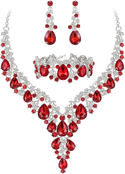 BriLove Women's Wedding Bridal Austrian Crystal Teardrop Flower Cluster Statement Necklace Dangle Earrings Jewelry Set for Party Prom