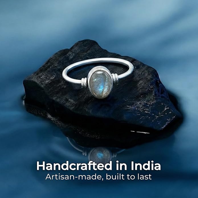 Oval Labradorite 925 Sterling Silver Ring - Delicate BOHO Chic Jewelry - Fashionable and Stylish for Women with Velvet Gift Bag/Box - Made by Indian Artisans - Size 4-9