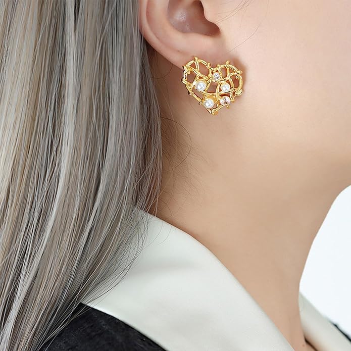 Vintage Gold Statement Stud Earrings, Stainless Steel Chunky Drop Dangle Thick Earrings, Geometric Design with Pearl Accents, Textured Sun Round Heart Pattern for Women