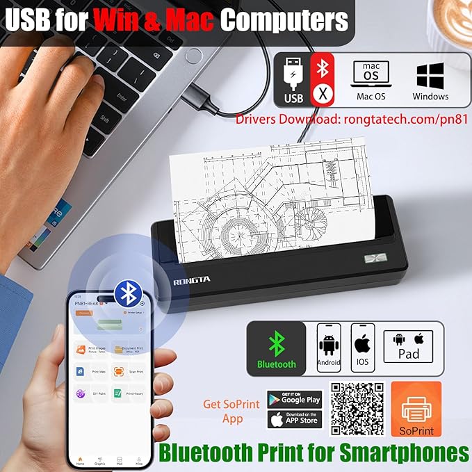 Inkless Portable Printer for Travel, Wireless Thermal Printer Support 8.5 x 11 inch A4/ US Letter, Bluetooth Compatible with Android/iOS Smartphone for Home Use (Grey)