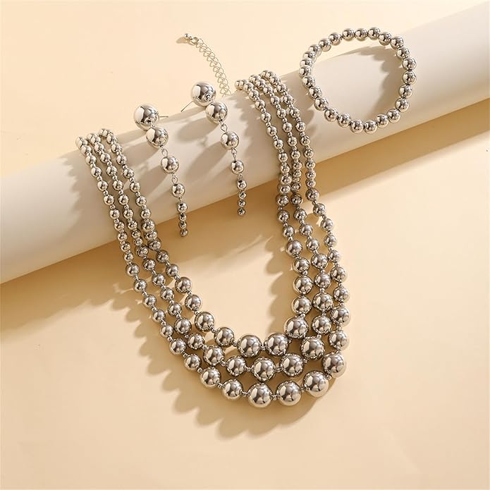 YBMYCM Gold-plated Beaded Jewelry Set Chunky Multi Strands Choker Necklace Bracelet Earrings Set for Women