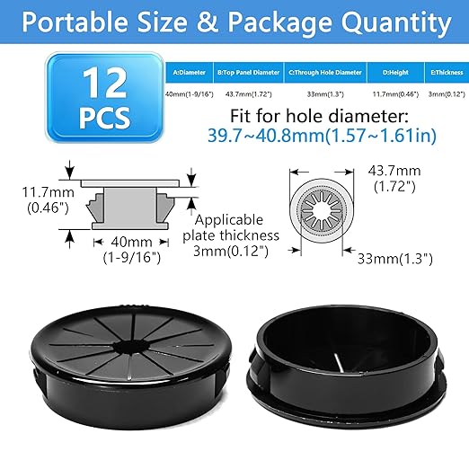 12 Pcs Cable Grommet, Snap Bushing 1-9/16" (40 mm) Mounting Diameter, Flexible Petal-Shaped Buckle Round Nylon Desk Grommet for Wires Through Countertop Cord Organizer and Protection, Black